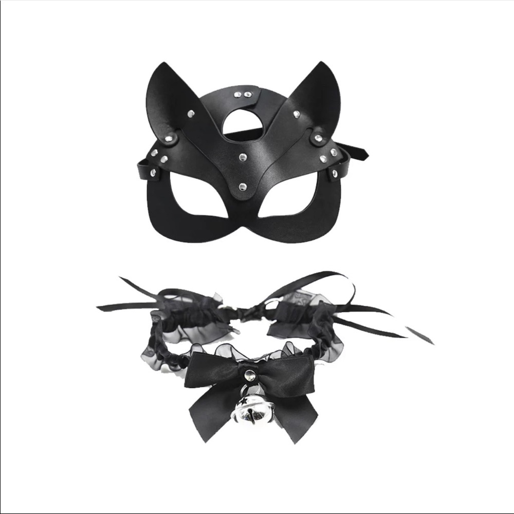 Black Leather Cat Ear Mask & Choker Set